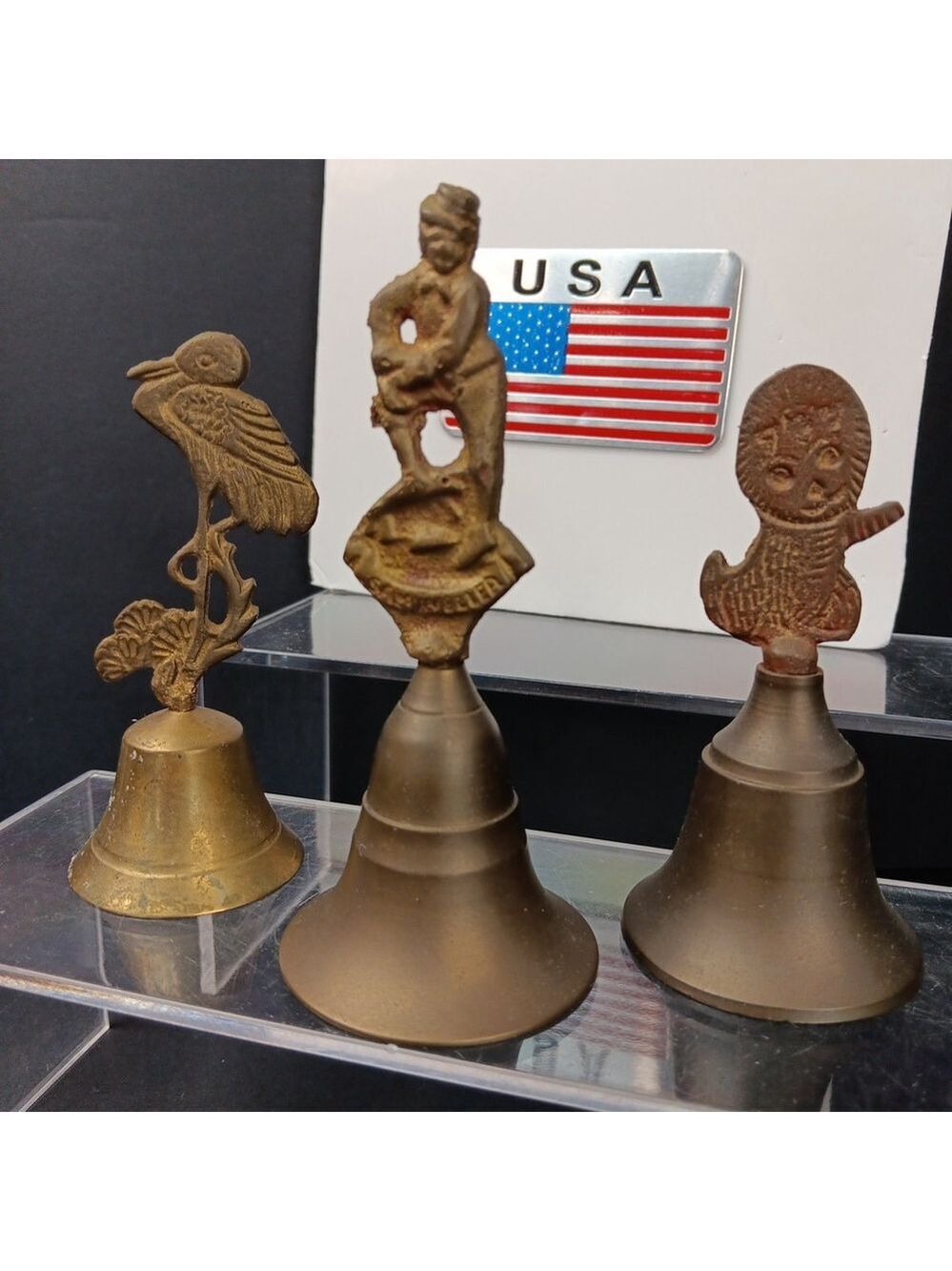 Lot Of 3 Vintage Brass Bells Unpolished Bird, Cat, Sam Weller Charles Dickens